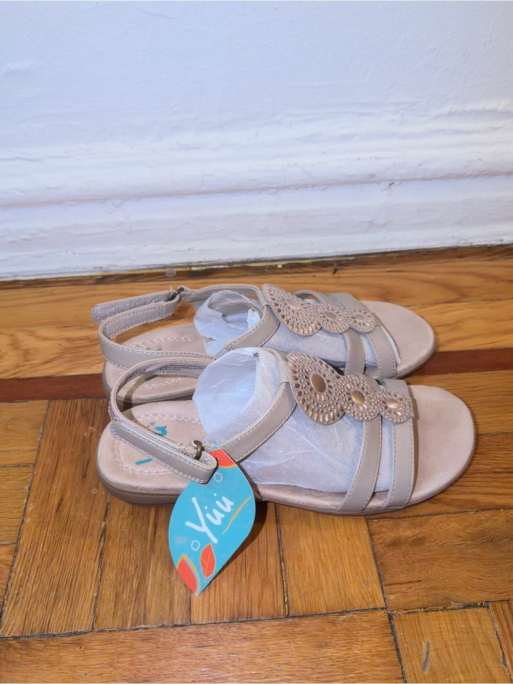 Yuu Beige Women's Slingback Sandals with Floral Cutout Straps